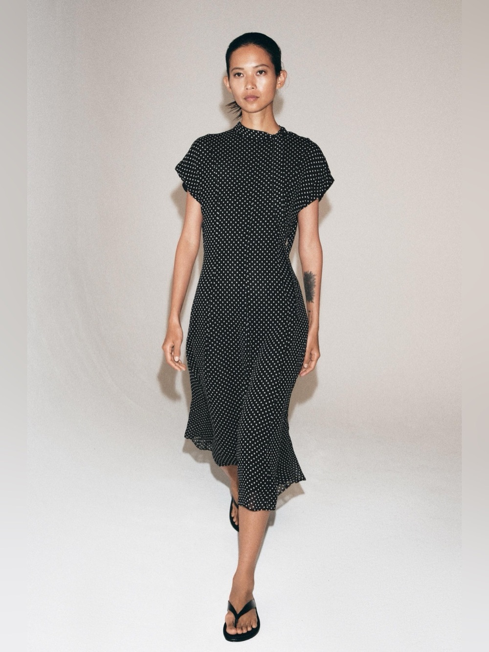 NWT Zara Black Polka Dot Midi Dress with Tie Neck